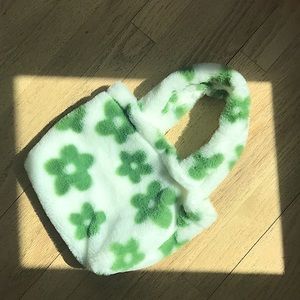 Fuzzy / soft hand bag, green flower design, and brand new